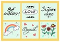 Collection of handwritten slogans or phrases and hand drawn decorative design elements in trendy doodle style - plants, symbols Royalty Free Stock Photo